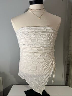Urban Outfitters Cream Smocked Strapless Tie-Side Top